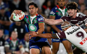 Taine Tuaupiki in action for One NZ Warriors v Manly Warringah Sea Eagles.