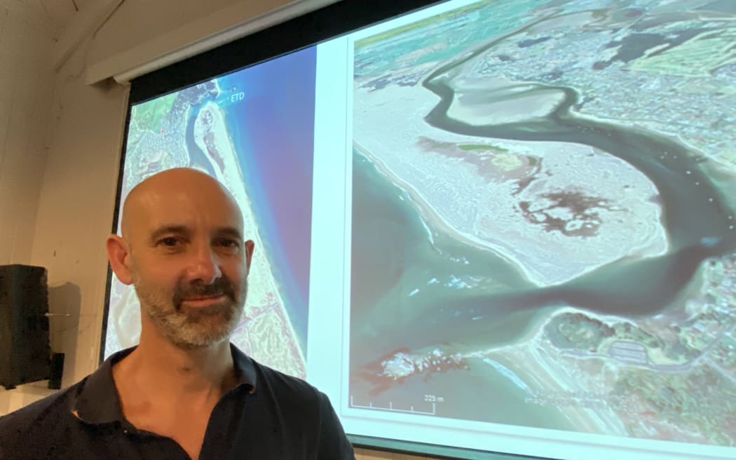 University of Auckland's Professor Dr Mark Dickson outlines the changes in Mangawhai sandspit over time including (second from left) when its northern entrance closed and a southern channel developed after a huge 1978 storm