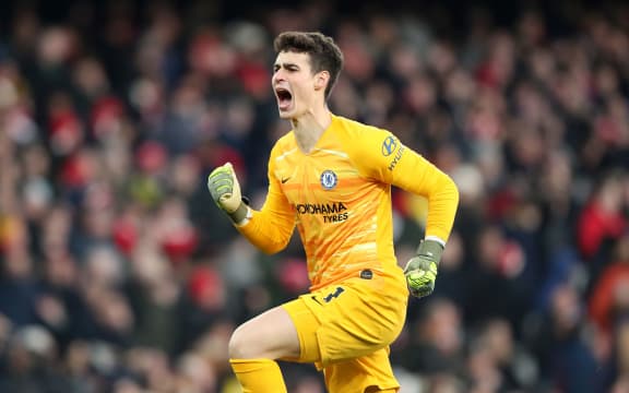 Chelsea goalkeeper Kepa Arrizabalaga celebrates.