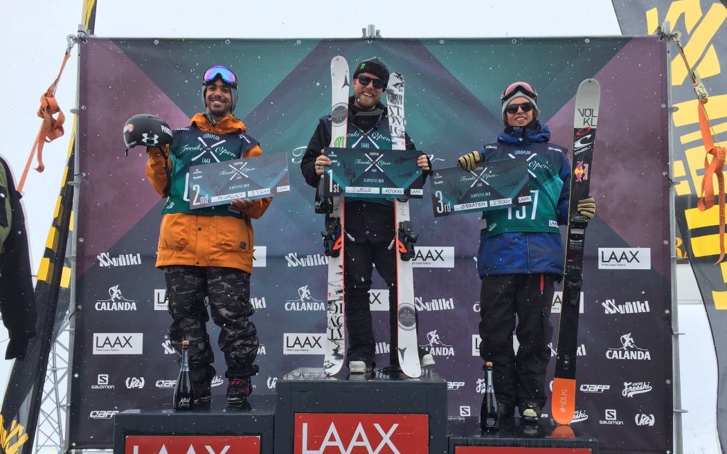Jossi Wells on top of the podium at the Euro Freeski Open