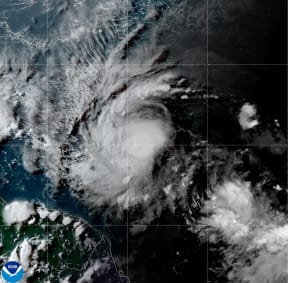Hurricane Beryl strengthening over the Atlantic Ocean at 4:50pm EDT, and swirling toward the southeast Caribbean on Saturday, 29 June, 2024.