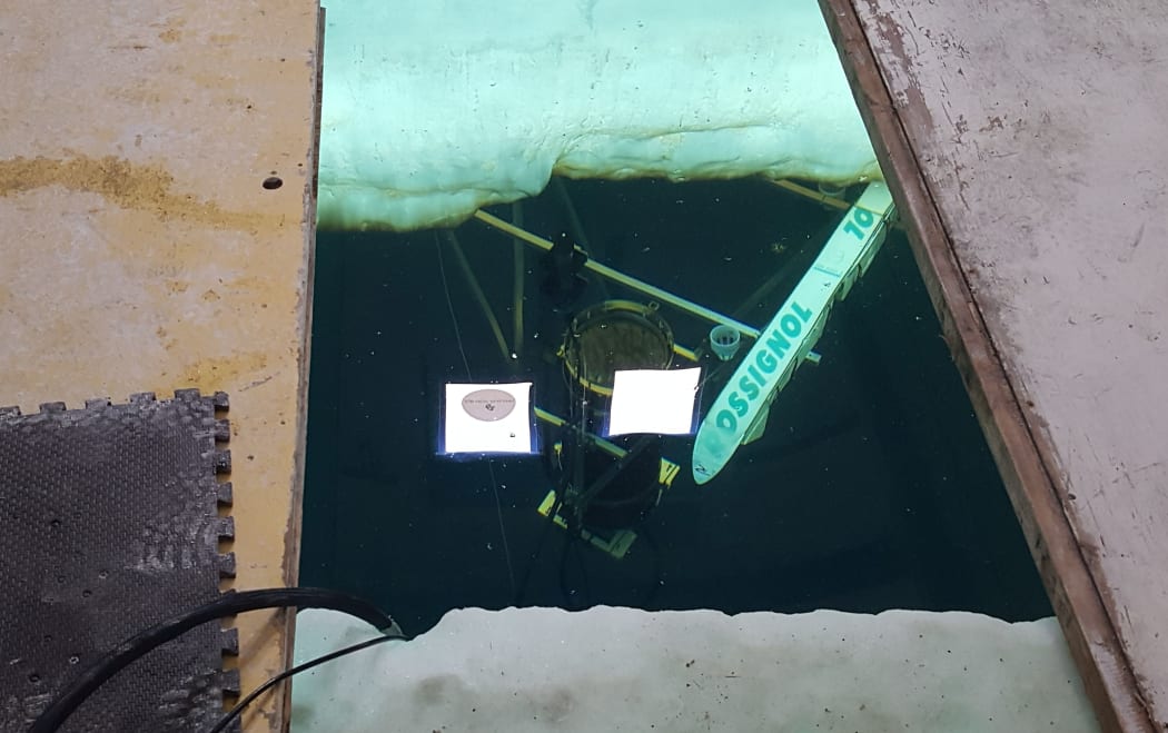 The University of Tasmania's remote operated vehicle, nicknamed the TIE Fighter, contains a hyperspectral camera to scan the brown ice algae living on the underside of the sea ice. The skis help the ROV glide under the ice