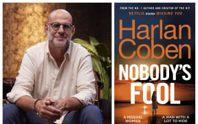 Harlan Coban next to his book cover for 'Nobody's Fool'