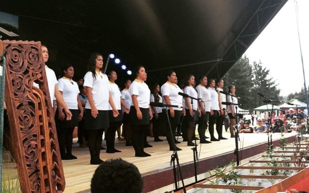 Kapa haka performers on stage at the Te Ahuareka o Ngati Hine festival at Otiria Marae near Whangarei.