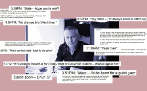 Guyon Espiner with screenshots of emails and text messages.