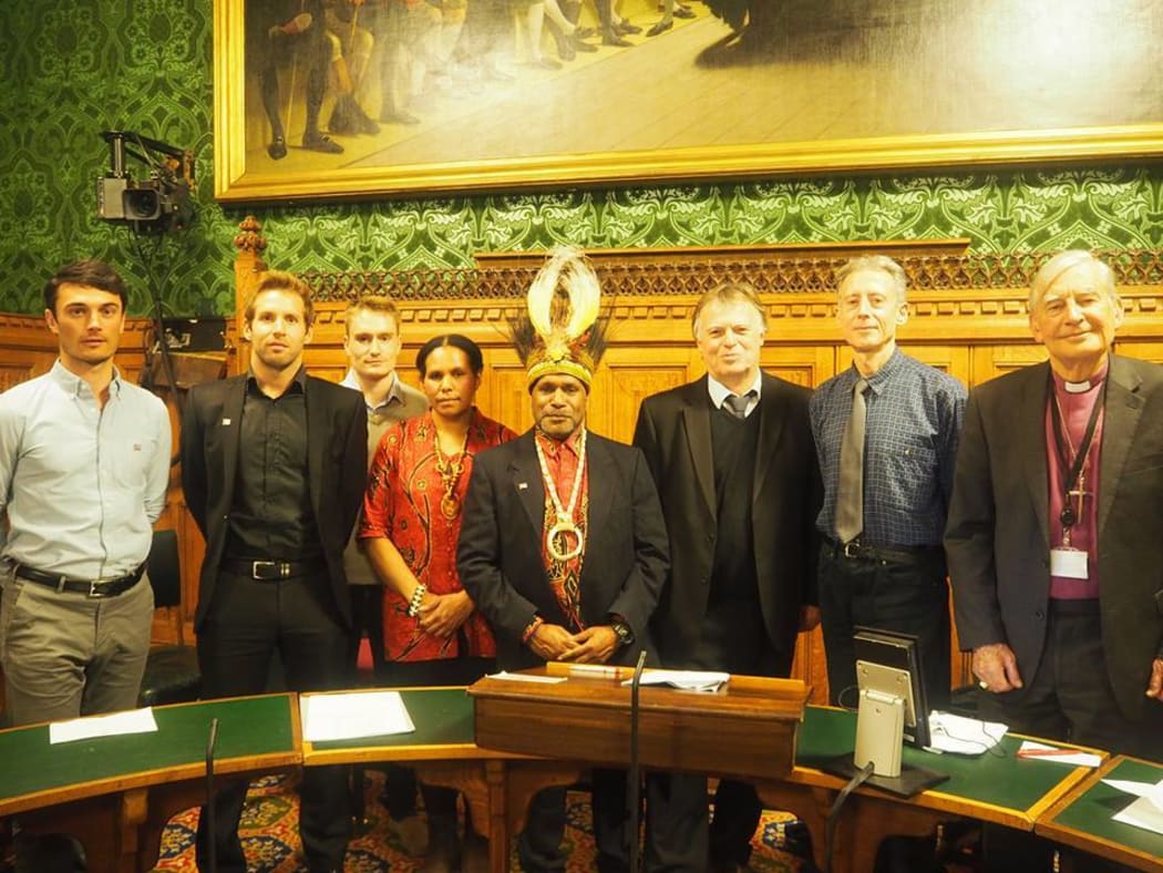 (L to R) Tim, Tom and Joel from Swim for West Papua, Maria Wenda, Benny Wenda, Rt Hon Andrew Smith MP, Peter Tatchell, Lord Harries.