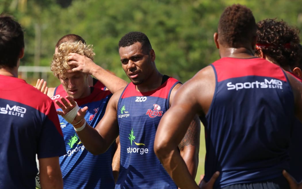 Queensland Reds captain Samu Kerevi issues instructions during training.