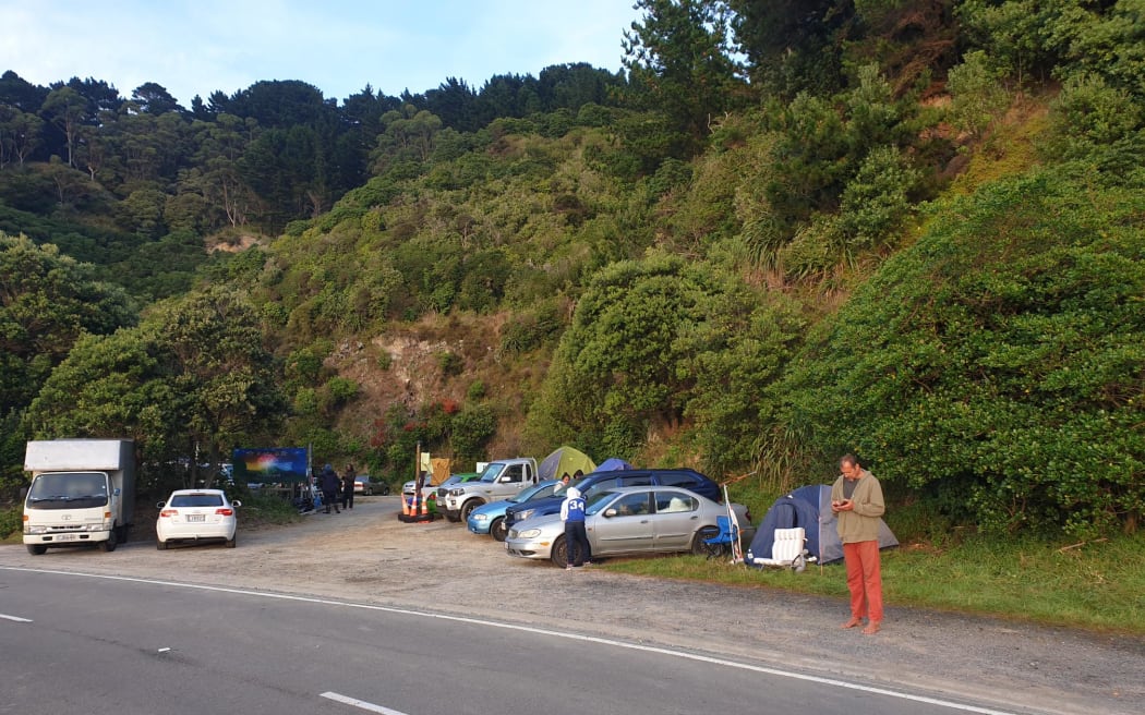 Protesters camping at Mahanga Bay on the Miramar Peninsula, Wellington, on 4 March, 2022, two days after anti-mandate and other protesters were expelled from Parliament grounds.