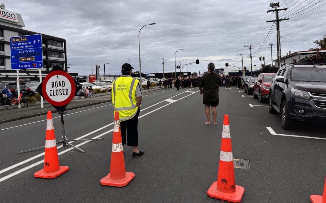 Crowds gathered, ready to welcome Te Hīkoi mō te Tiriti convoy into Whangārei, on 11 November, 2024.