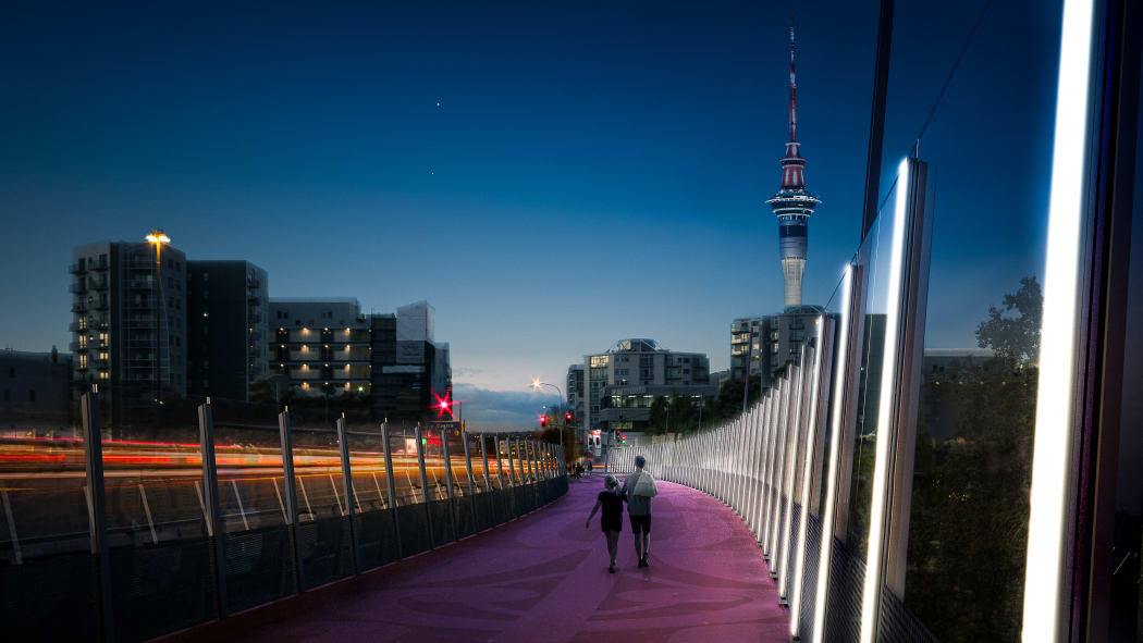 Looking north along the former Nelson Street off-ramp towards the city