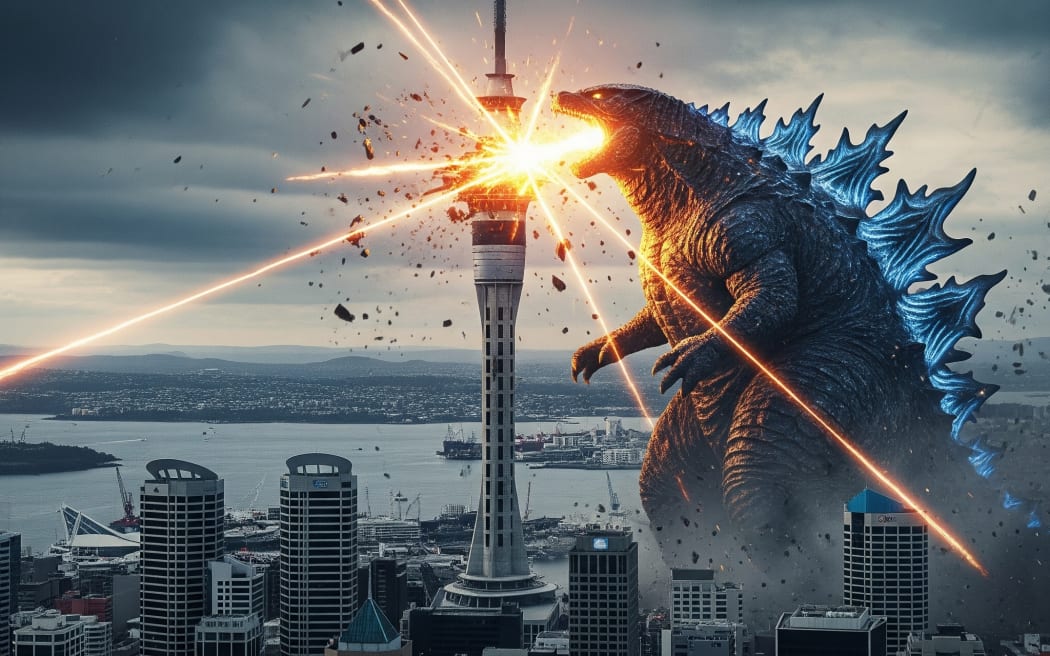 Godzilla attacking the Auckland Sky Tower, as generated by Google Gemini AI.