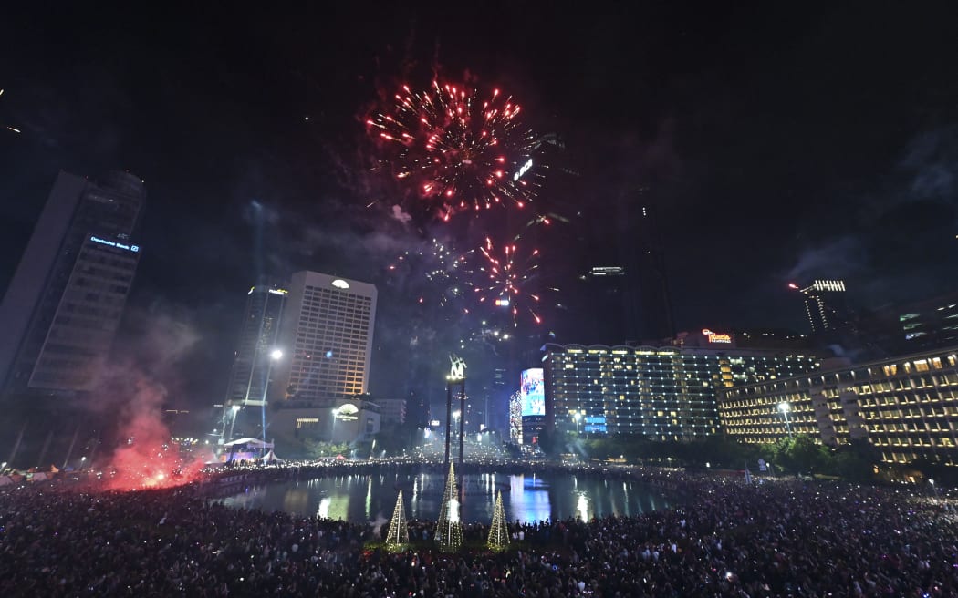 Fireworks in Jakarta, Indonesia, over the Selamat Datang (Welcome) Monument, taken on January 1, 2023.
