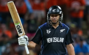 The Black Caps' batsman Ross Taylor celebrates his century.