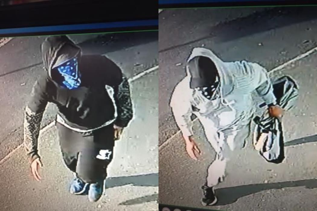 Two CCTV shots of the suspects being sought by police after a machete and axe were used in the robbery of a Hamilton dairy.