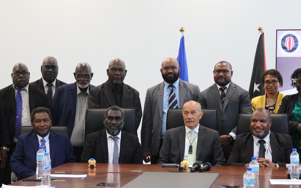 ABG President Ishamel Toroama, sitting front (2nd left), with Sir Jerry Mateparae and PNG Prime Minister James Marape at the Joint Consultation Moderator Meeting. 17 March 2025