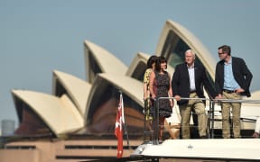 US Vice President Mike Pence (2nd R) and his wife Karen (2nd L) take a harbour cruise with New South Wales state Premier Gladys Berejiklian (L) and New South Wales Treasurer Dominic Perrottet (R) in Sydney on April 23, 2017.