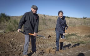 Minister of Regional Development Kiri Allan and Peka Lands Trust trustee Andrew Kusabs at the sod turning for a new industrial park south of Rotorua.