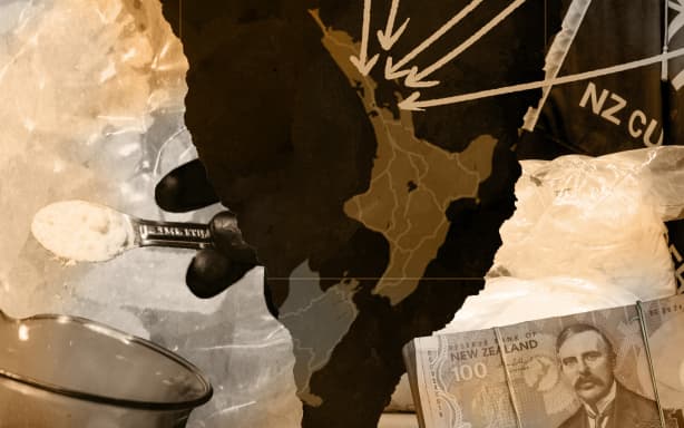 Composite of map of NZ, cash and drugs
