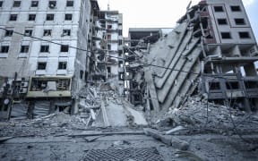 Rubble of destroyed buildings after an Israeli air strike in Gaza City, on 8 October, 2023.