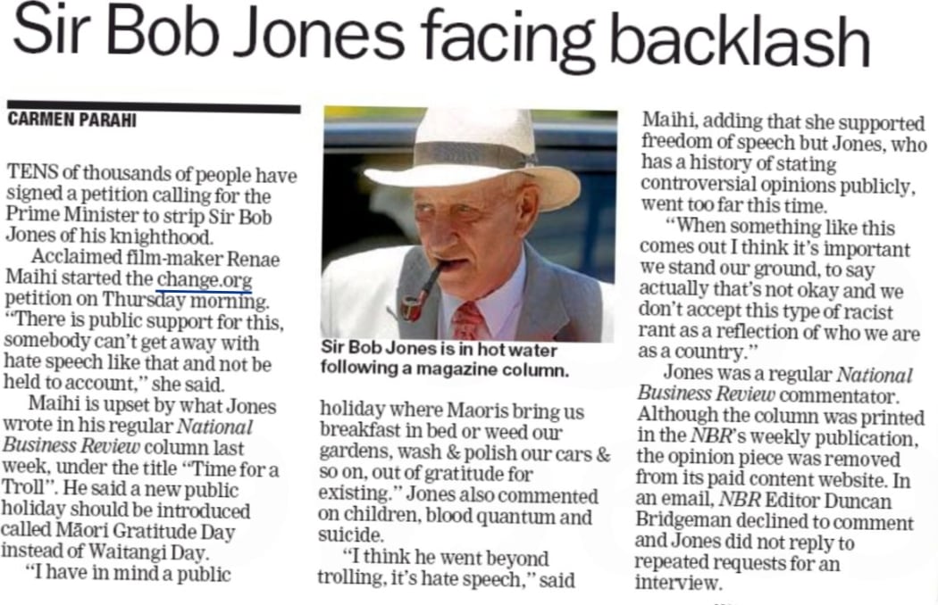 One of many stories about the controversy stirred up by Sir Robert's reflection on Waitangi Day.