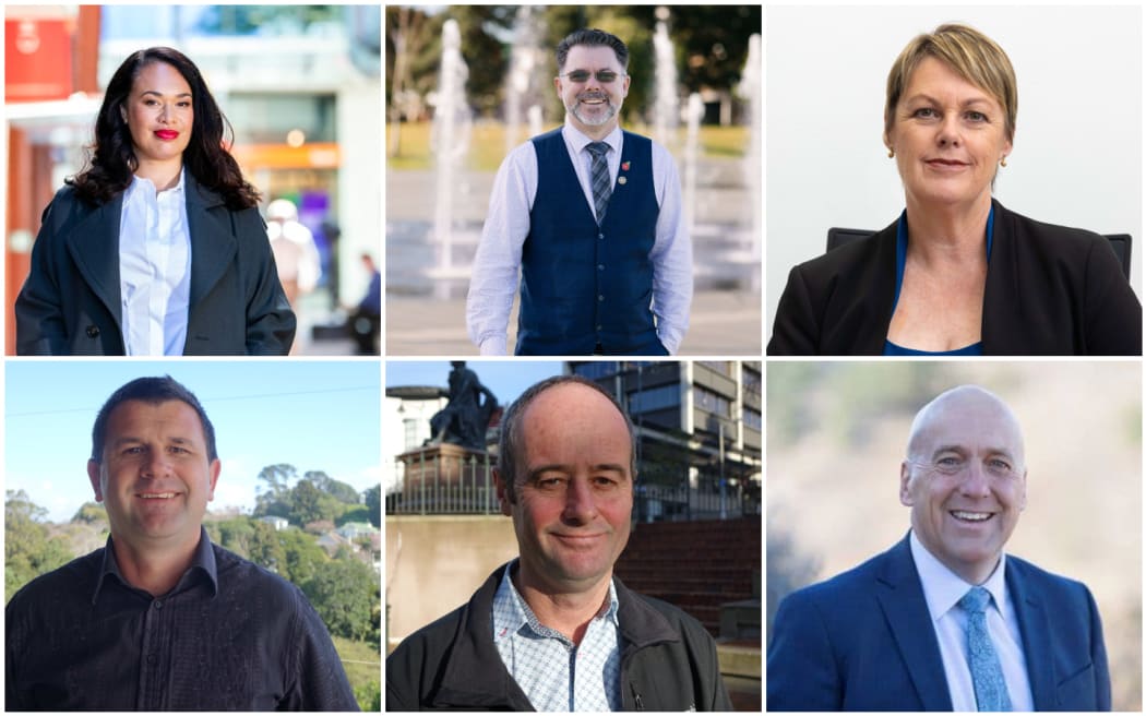 Clockwise from top left, Wellington mayor Tory Whanau, Whangārei mayor Vince Cocurullo, Marlborough mayor Nadine Taylor. Central Otago mayor Tim Cadogan. and Dunedin City councillor Jim O'Malley and New Plymouth mayor Neil Holdom.