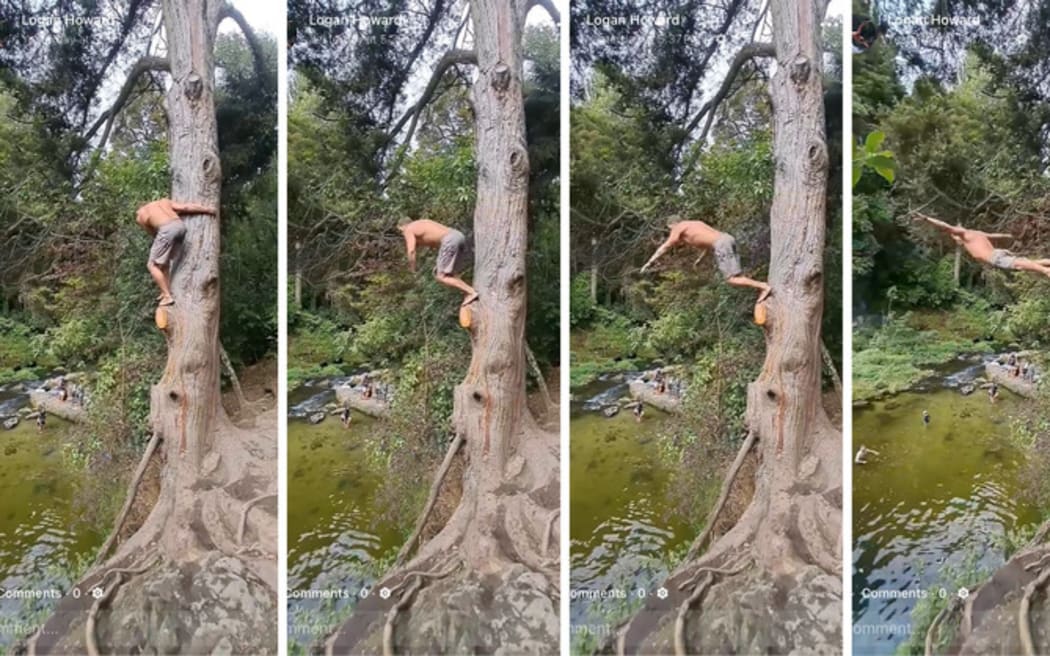 Logan Howard launches himself off the stump of a branch left behind by council contractors at Maraetotara Falls. Now the council is coming back to remove that too.