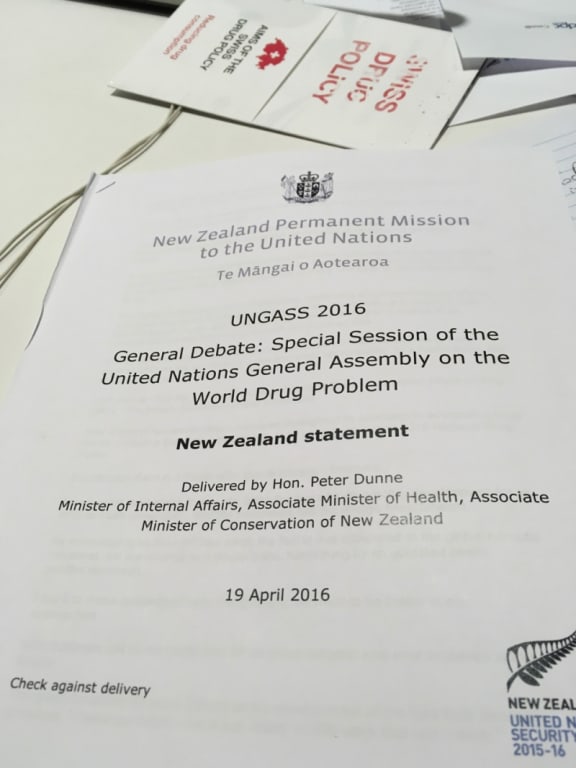 A close up view of a printed copy of New Zealand's statement at UNGASS 2016.