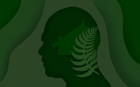 Cut paper silhouette of man, marae, and fern