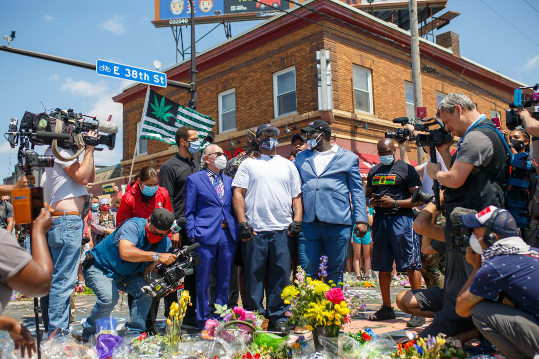 Terrence Floyd, at centre, the brother of George Floyd at the site where George Floyd died, in Minneapolis. 1 June 2020.