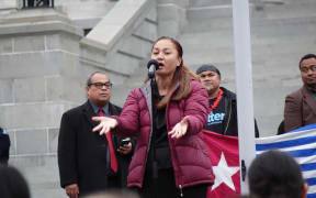 New Zealand Green Party co-leader Marama Davidson speaks at a demonstration in support of West Papuan self-determination outside  parliament buildings in Wellington.