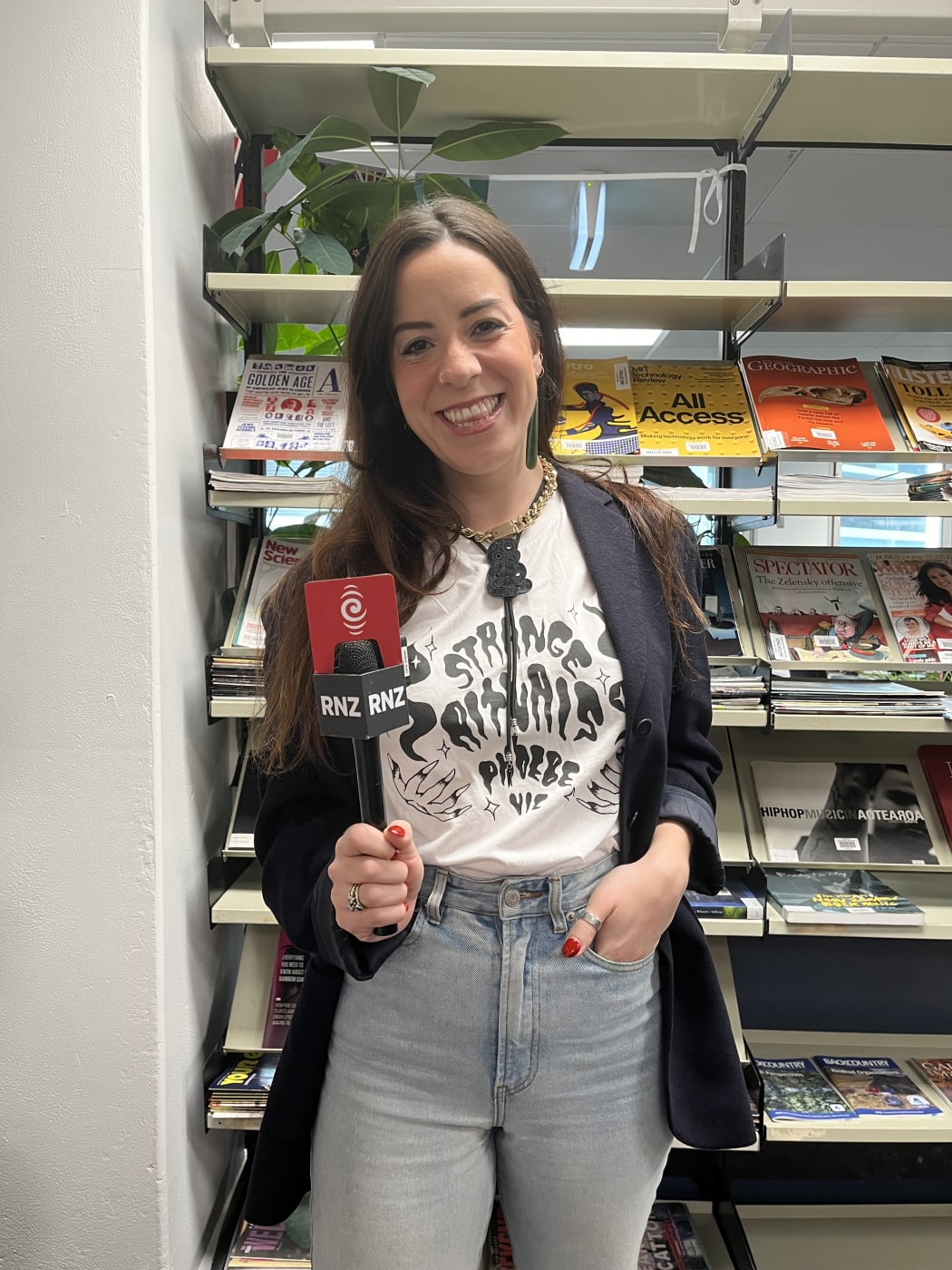 Charlotte Cook wearing a NZ music T-shirt for NZ Music T-shirt Day 2024