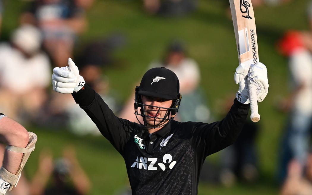 New Zealand’s Mark Chapman celebrates his 50 runs. Game 3 of the One Day nternational cricket series between New Zealand and West Indies at Seddon Park in Hamilton
