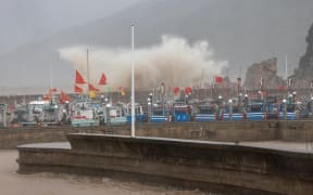 As Lekima arrives, huge waves arise in Zhoushan city, east Chinas Zhejiang province.