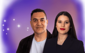 Matariki hosts Mani Dunlop and Julian Wilcox against a morning sky with Matariki visible to their left.