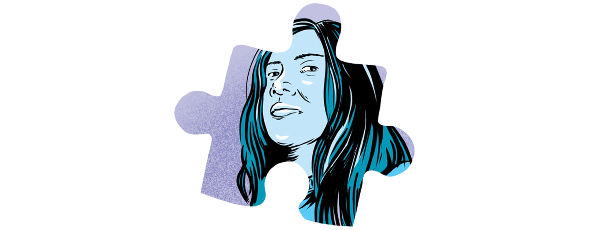 Dark graphic novel style illustration of woman with concerned expression framed in a puzzle piece.