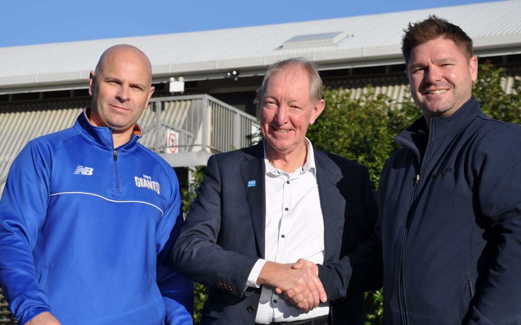 Nelson Giants head coach and general manager Mike Fitchett, left, Nelson Mayor Nick Smith and CLM Trafalgar Centre manager Mark Mekalick.