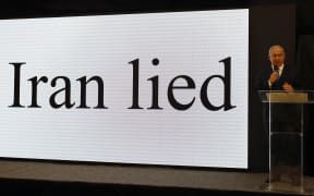 Israeli Prime Minister Benjamin Netanyahu delivers a speech on Iran's nuclear programme in Tel Aviv.