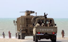 Yemeni pro-government forces are pictured on the eastern outskirts of Hudaydah