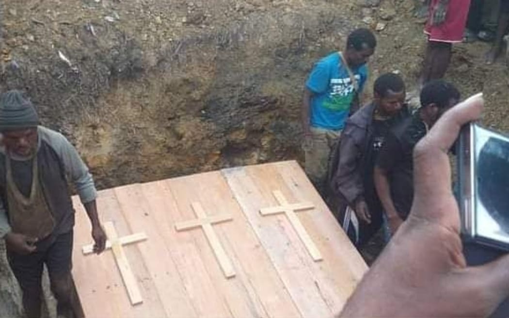 The coffins of three West Papuan men killed by Indonesia's military on 16 February 2021 in Sugapa, Intan Jaya regency.