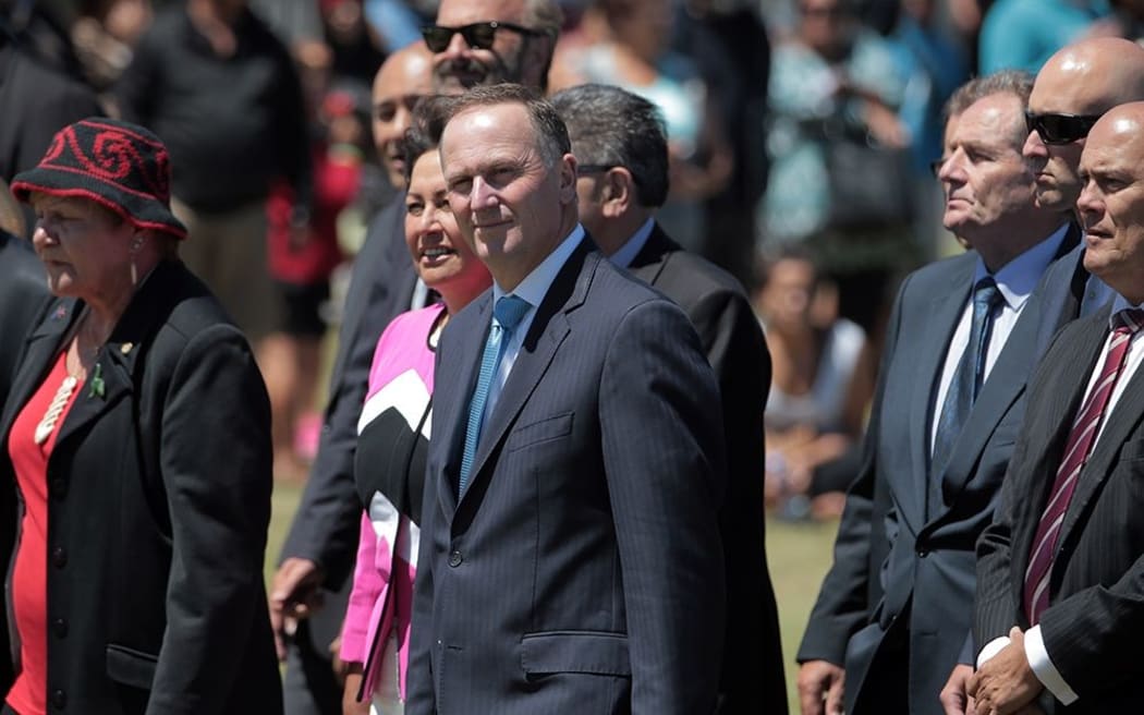 Prime Minister John Key (centre) with National MPs at Ratana Pa.
