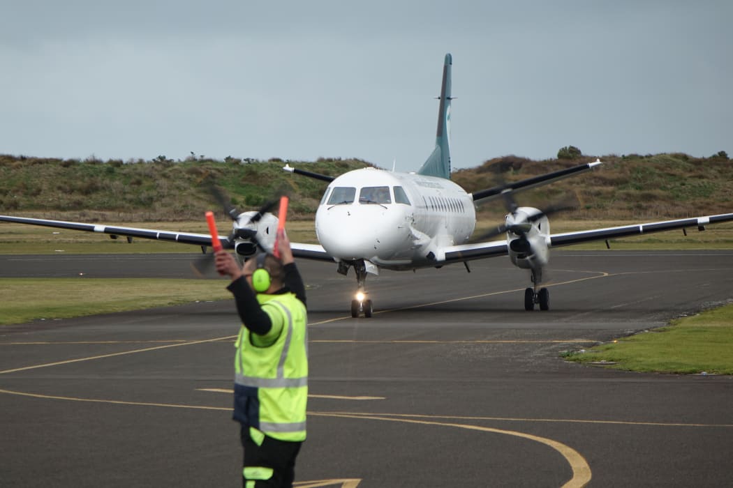 An Air Chathams Saab arrives in Whanganui this morning.