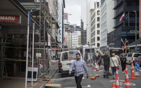 The cordon around quake-damaged buildings on Featherston Street in central Wellington.