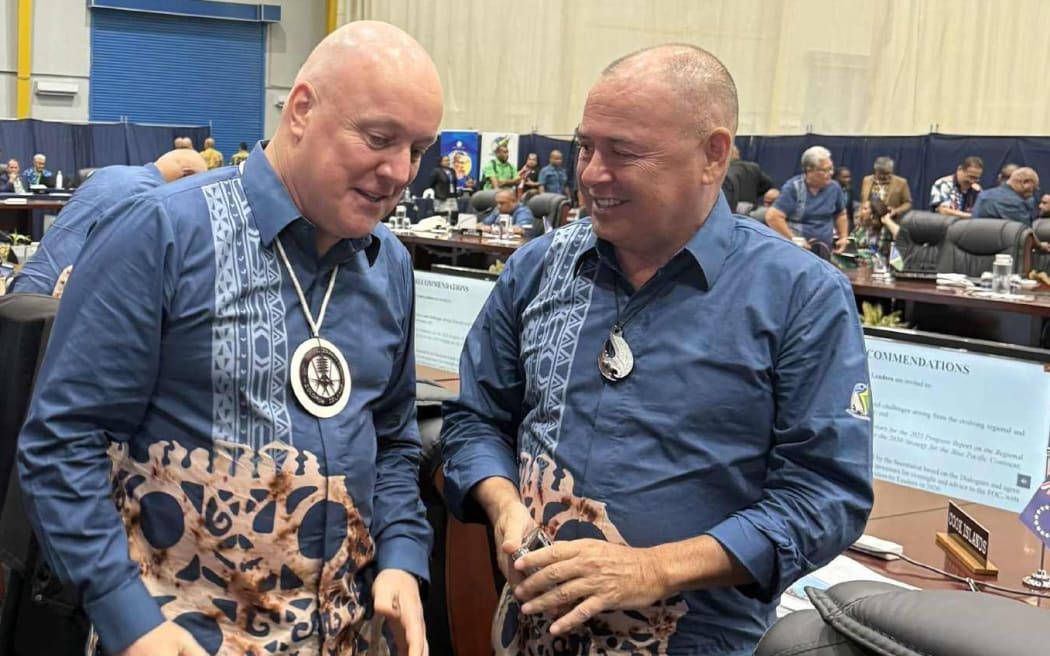 Cook Islands Prime Minister Mark Brown shared a light moment with his New Zealand counterpart Christopher Luxon on the margins of the Pacific Islands Forum Leaders Meeting in Honiara in September. PM MARK BROWN/ 25091004.