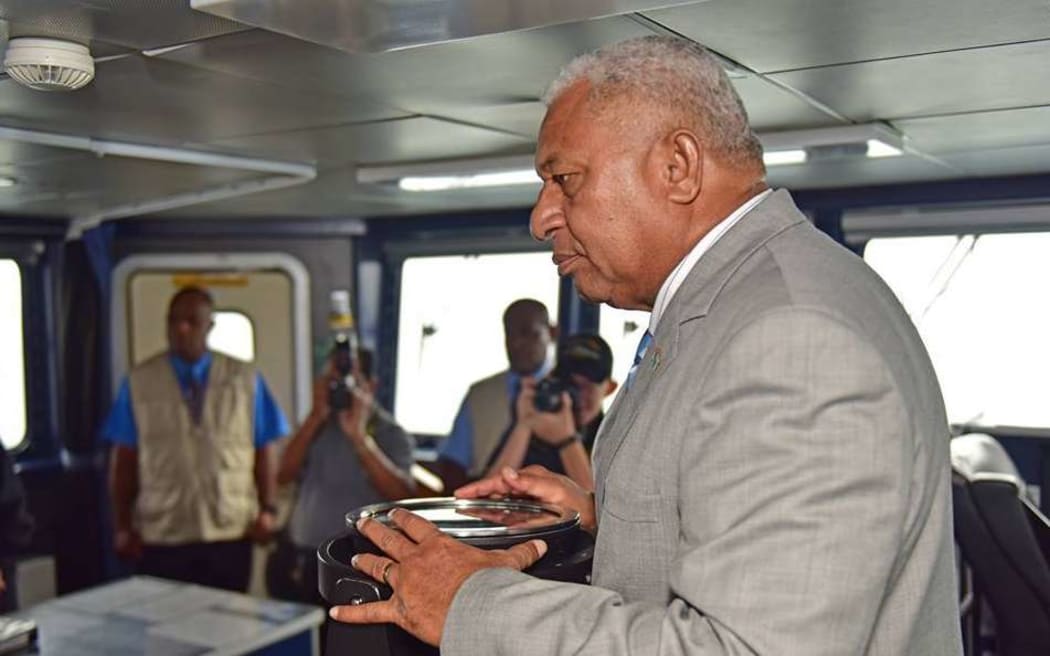Fiji PM Frank Bainimarama tours the HMNZS Hawea, a patrol vessel deployed to Fiji for six months from April 2017 to help patrol Fiji's EEZ