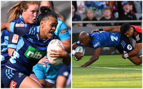 Blues fullback Patricia Maliepo heads for the try line, while Blues winger Mark Telea scores against the Crusaders - but both teams ultimately lost.