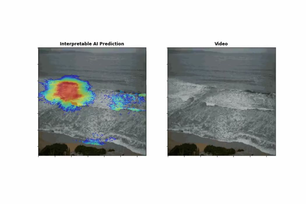 AI technology identifying a rip current in beach video footage.