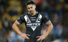 Kiwis Shaun Johnson is dejected following their loss during the Rugby League World Cup Quarter Final match. New Zealand Kiwis v Fiji. Wellington 2017