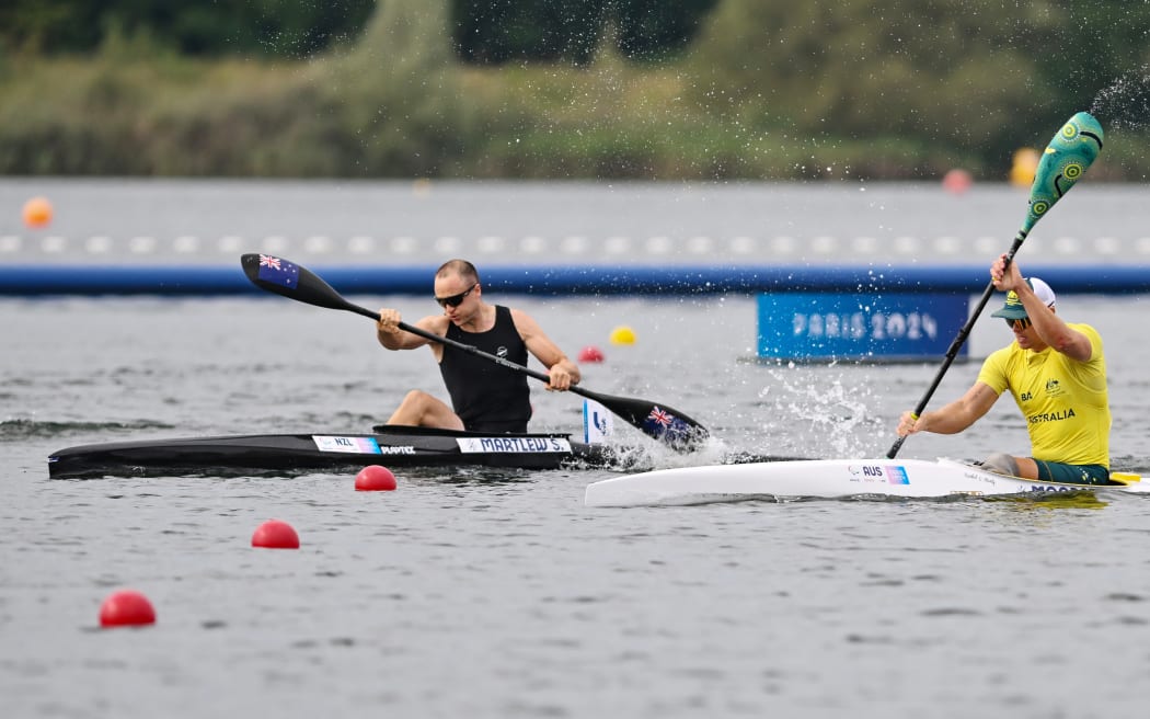 Scott Martlew of New Zealand during the Men's KL2 200m Canoe Final at Vaires-sur-Marne Nautical Stadium