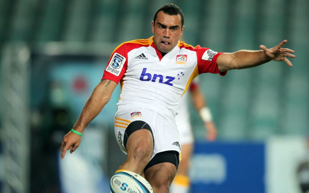 Charlie Ngatai is all concentration as he kicks for the Chiefs