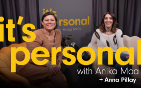 Photo of Anika Moa and guest smiling. They are sitting on the couches where the interview takes place. The podcast title ‘It’s Personal with Anika Moa ’ Is written Plus the guest’s name,